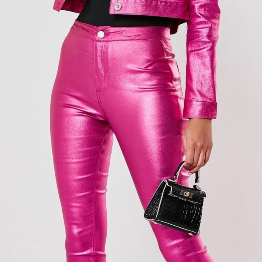 Missguided Pink Metallic Co-Ord Coated Denim Pants